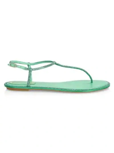 Shop René Caovilla Diana Crystal-embellished Satin T-strap Sandals In Green