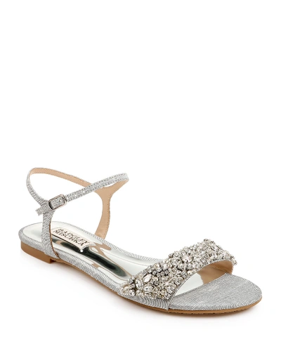 Shop Badgley Mischka Carmella Bejeweled Silk Flat Sandals In Silver
