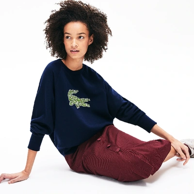 Shop Lacoste Women's Crewneck Multi Croc Logo Fleece Sweatshirt In Navy Blue