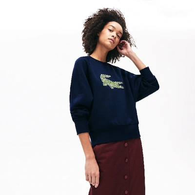 Shop Lacoste Women's Crewneck Multi Croc Logo Fleece Sweatshirt In Navy Blue