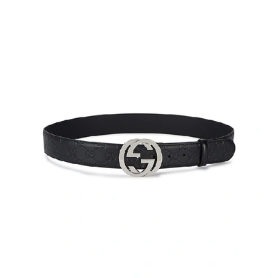 Shop Gucci Gg Black Logo-embossed Leather Belt