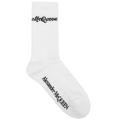 Shop Alexander Mcqueen White Logo-intarsia Cotton-blend Socks In White And Black