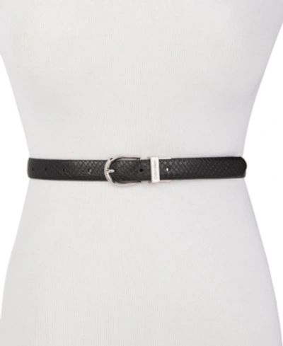 Shop Calvin Klein Snake-embossed Reversible Belt In Black/silver/polished Nickel