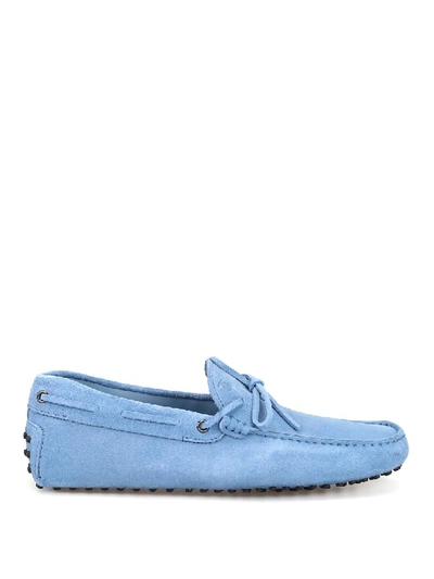Shop Tod's Sky Blue Suede Loafers With Laces