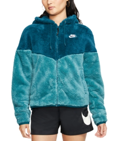 Shop Nike Sportswear Plush Hooded Jacket In Midnight Turq/mineral Teal/dark Sulfur