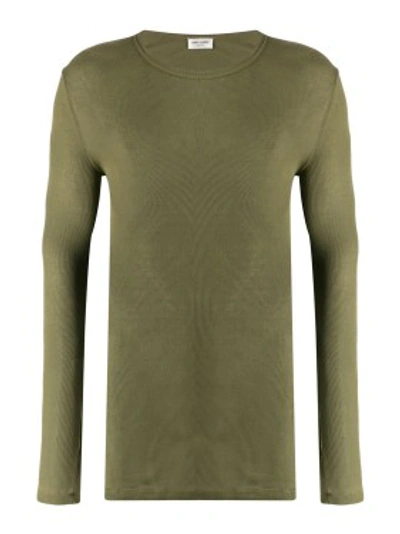 Shop Saint Laurent Long Sleeve Ribbed T-shirt In Green