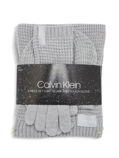 Calvin Klein 3-piece Waffle Knit Hat, Scarf & Touch Gloves Set In Heathered  Grey | ModeSens