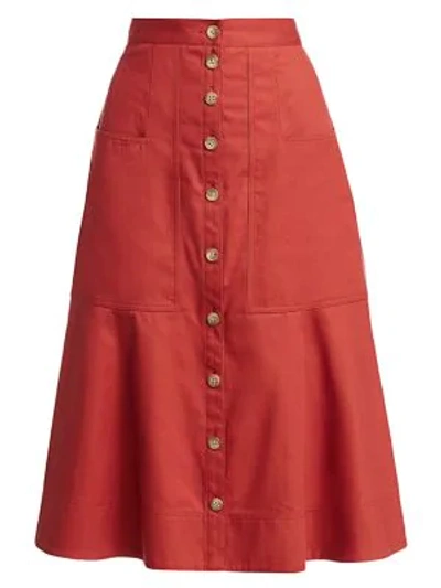 Shop Tibi Harrison Chino Flare Skirt In Dusty Red