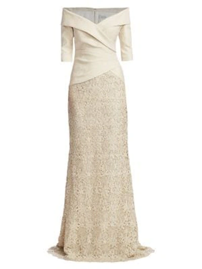 Shop Teri Jon By Rickie Freeman Off-the-shoulder Glitter Metallic & Lace Skirt Combo Gown In Gold
