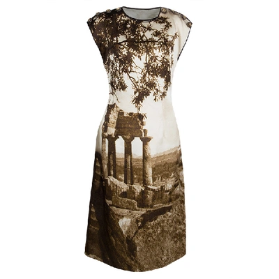 Pre-owned Dolce & Gabbana Spring'14 Digital Greek Temple Print Silk Dress M In Brown