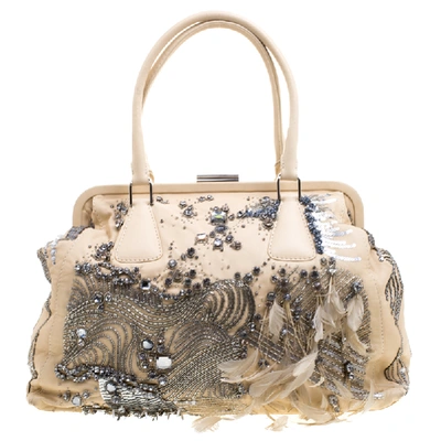 Pre-owned Valentino Garavani Beige Leather Embellished And Feather Alice Glam Frame Bag