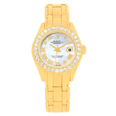 Pre-owned Rolex Mother Of Pearl 18k Yellow Gold Diamonds Pearlmaster Women's Wristwatch 29mm In Silver