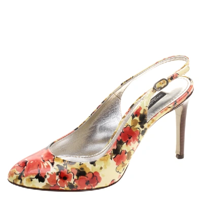 Pre-owned Dolce & Gabbana Floral Print Patent Leather Slingback Sandals Size 36 In Beige