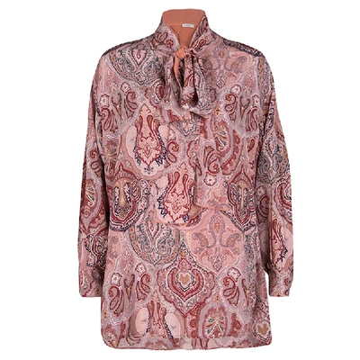 Pre-owned Celine Multicolor Printed Mulberry Silk Neck Tie Detail Long Sleeve High Low Tunic M