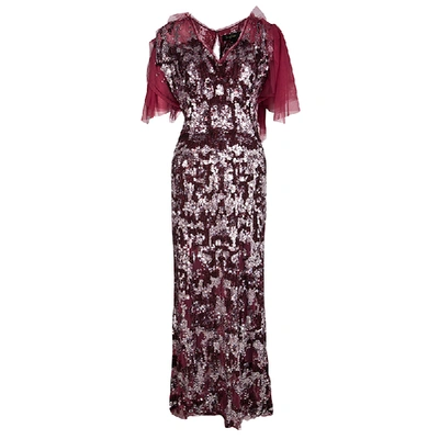Pre-owned Jenny Packham Red Sequin Embellished Ruffled Sleeve Maxi Dress L