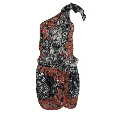 Pre-owned Isabel Marant Black And Red Eyelet Embroidered Knotted One Shoulder Natacha Dress M