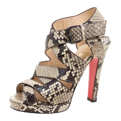 Pre-owned Christian Louboutin Two Tone Python Leather Criss Cross Strap Platform Sandals Size 37 In Beige