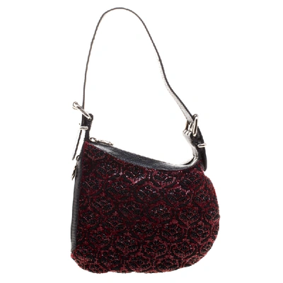 Pre-owned Fendi Black/red Lizard Skin And Beaded Fabric Oyster Hobo