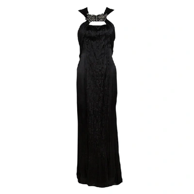 Pre-owned Prada Black Satin Neck Embellished Draped Ruffle Detail Sleeveless Gown M