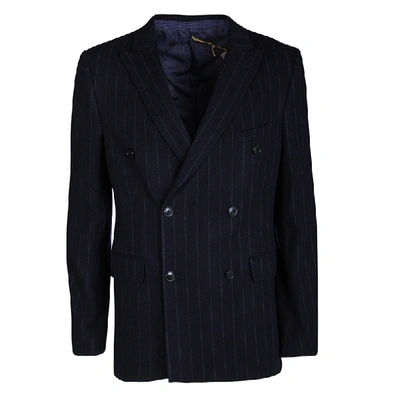 Pre-owned Etro Navy Blue Wool Blend Chalk Striped Double Breasted Blazer L