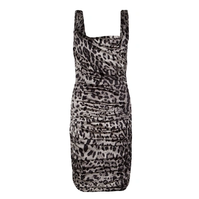Pre-owned Dolce & Gabbana Grey Animal Print Silk Ruched Sleeveless Dress S