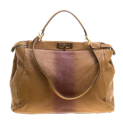 Pre-owned Fendi Tan/brown Ombre Leather With Calfhair Lining Large Peekaboo Top Handle Bag
