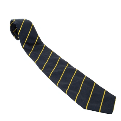 Pre-owned Saint Laurent Vintage Navy Blue And Yellow Striped Silk Tie