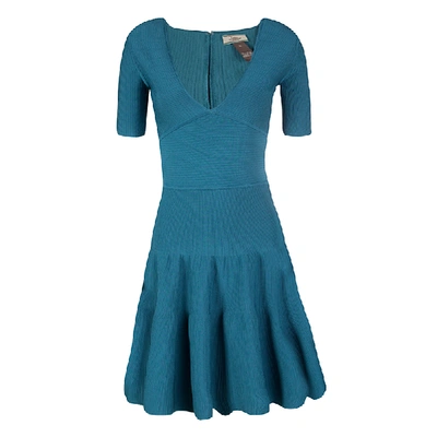 Pre-owned Issa Teal Blue Rib Knit V-neck Flared Bottom Dress M