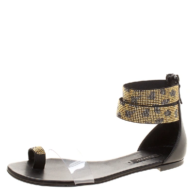 Pre-owned Casadei Two Tone Crystal Embellished Ankle Cuff And Pvc Vinil Flat Sandals Size 38.5 In Black