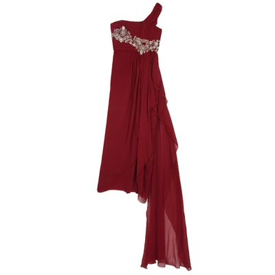 Pre-owned Marchesa One Shoulder Embellished Gown L In Red