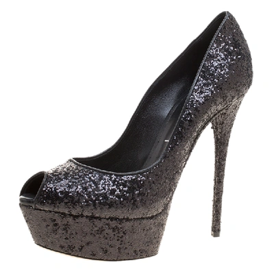 Pre-owned Casadei Black Glitter Peep Toe Platform Pumps Size 38.5