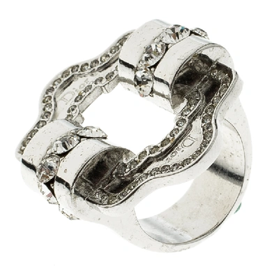 Pre-owned Dior Crystal Embellished Silver Tone Ring Size 49