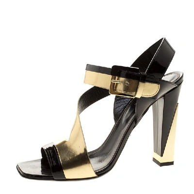 Pre-owned Sergio Rossi Black Patent And Metallic Gold Leather Zed Peep Toe Sandals Size 40