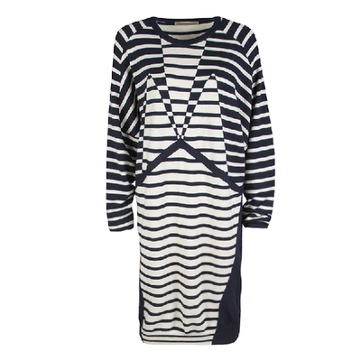 Pre-owned Balenciaga Navy Blue And Cream Striped Silk Cashmere Sweater Dress M