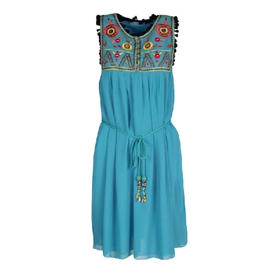 Pre-owned Matthew Williamson Escape Blue Floral Embroidered Silk Pom Pom Trim Sleeveless Dress M