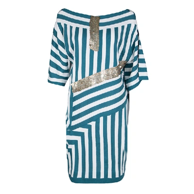 Pre-owned Chloé Aqua Blue And White Striped Knit Metal Sequin Embellished Dress
