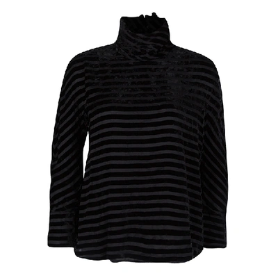 Pre-owned Giorgio Armani Black Striped Velvet High Neck Long Sleeve Blouse S