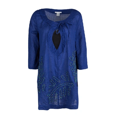 Pre-owned Diane Von Furstenberg Blue Seersucker Beaded Applique Detail Tunic M