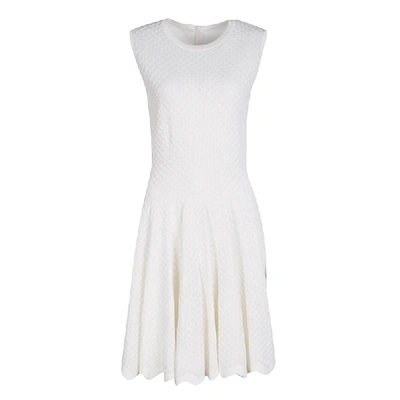 Pre-owned Alaïa White Knit Embroidered Chevron Hem Fit And Flare Dress M