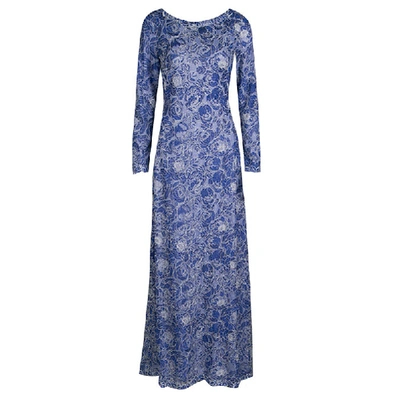 Pre-owned Tadashi Shoji Blue And White Floral Embroidered Long Sleeve Gown S
