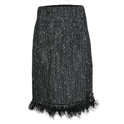 Pre-owned Ch Carolina Herrera Monochrome Textured Fringed Ostrich Feather Trim Skirt Xl In Black