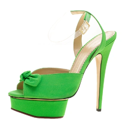 Pre-owned Charlotte Olympia Gren Satin Serena Bow Ankle Strap Platform Sandals Size 40 In Green