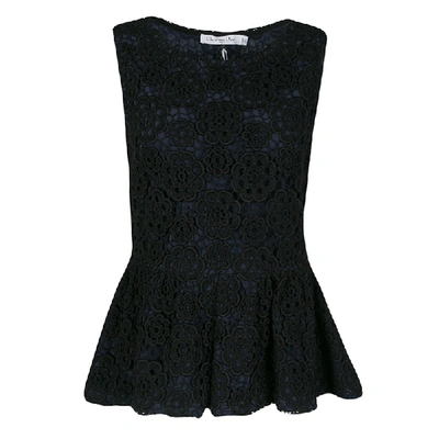 Pre-owned Dior Navy Blue And Black Floral Lace Overlay Sleeveless Peplum Top L