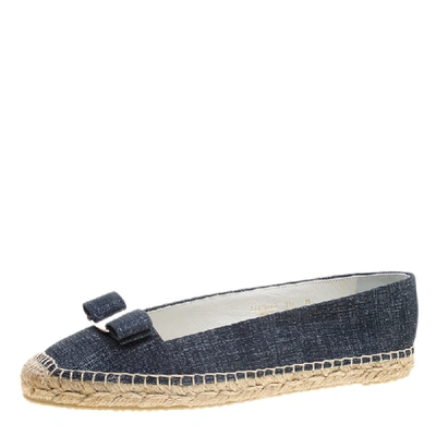 Pre-owned Ferragamo Mandy Denim Printed Suede Espadrille Flats Size 40.5 In Blue