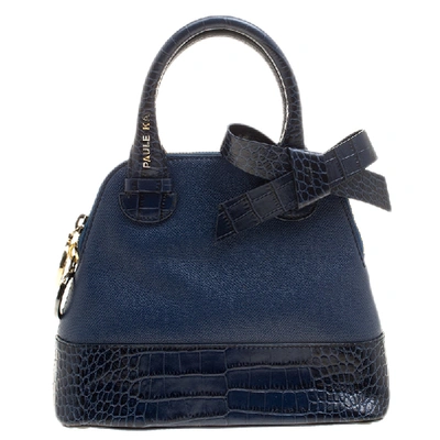 Pre-owned Paule Ka Blue Leather And Croc Embossed Leather Bow Tote