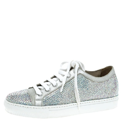 Pre-owned Le Silla Grey Crystal Embellished Suede Lace Up Trainers Size 37