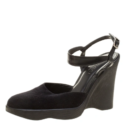 Pre-owned Gucci Black Felt Platform Wedge Ankle Strap Sandals Size 38