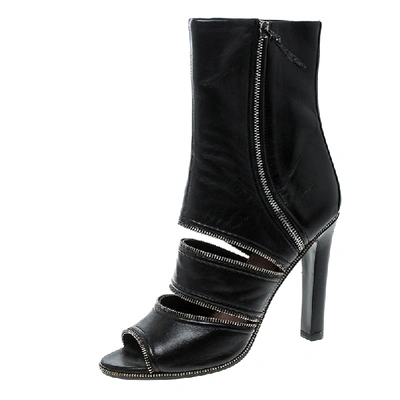 Pre-owned Alaïa Black Leather Peep Toe Zipper Booties Size 39