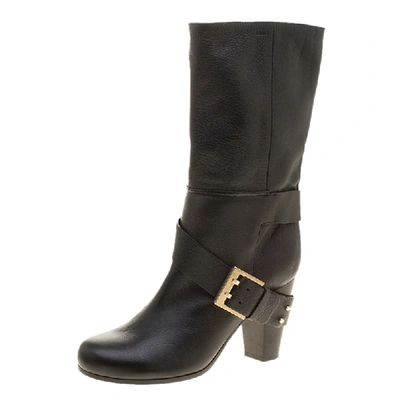 Pre-owned Chloé Black Leather Mid-calf Buckle Boots Size 37