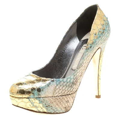 Pre-owned Gina Multicolor Metallic Python Leather Platform Pumps Size 37.5